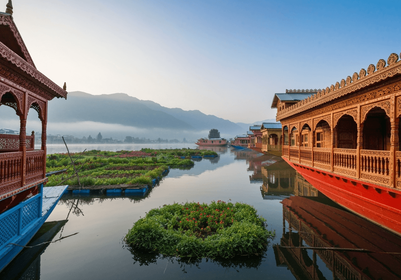 Traditional Kashmiri houseboats on Dal Lake.
